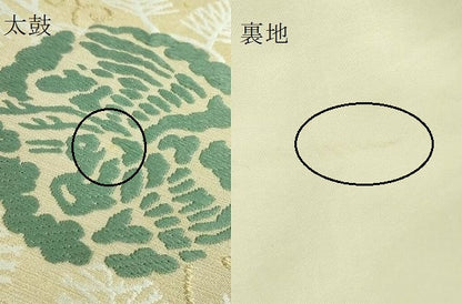 平和屋本店■極上　俵屋　人間国宝　喜多川平朗  有職織物　六通柄袋帯　唐織　鶴丸文　木蘭色地　金糸　逸品　DZAA5180kh5