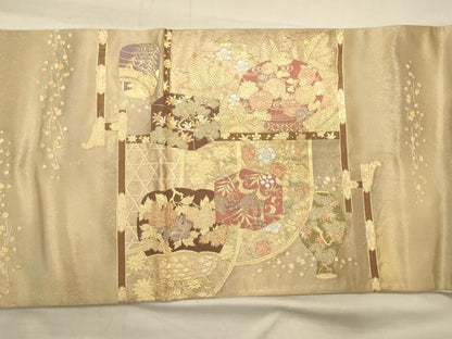 平和屋着物◎太鼓柄袋帯 吉祥陶器花文 金銀糸 引箔 正絹 逸品 CAAS4657ft