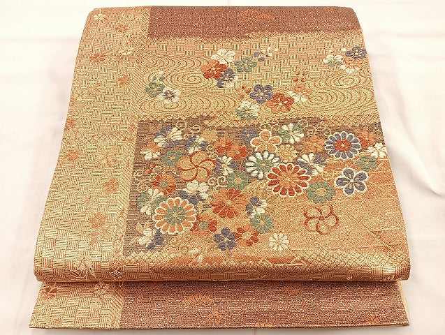 平和屋着物◎六通柄袋帯 横段花鳥文 金糸 正絹 逸品 BAAS4939wb
