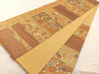 平和屋着物◎六通柄袋帯 横段花鳥文 金糸 正絹 逸品 BAAS4939wb