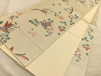平和屋着物◎六通柄袋帯 唐織 鳳凰花文 プラチナ摺箔二重織 銀糸 正絹 逸品 BAAS9980du