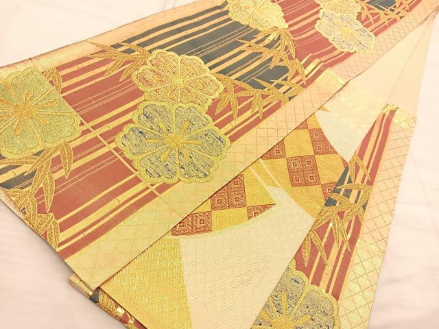 平和屋着物◎両面六通柄袋帯 竹に花 金糸 正絹 逸品 BAAS9990du