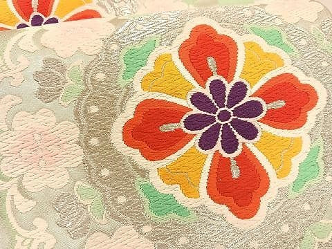 平和屋着物◎六通柄袋帯 唐織 縦枠花文 銀糸 正絹 逸品 BAAT1438gt