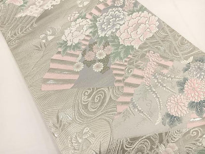 平和屋着物◎六通柄袋帯 唐織 九百錦 檜扇花鳥文 プラチナ二重箔 正絹 逸品 BAAT0486yt