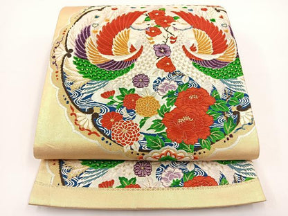 平和屋着物◎六通柄袋帯 唐織 花鳥文 金糸 引箔 正絹 逸品 BAAT0478yt