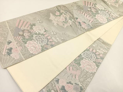 平和屋着物◎六通柄袋帯 唐織 九百錦 檜扇花鳥文 プラチナ二重箔 正絹 逸品 BAAT0486yt