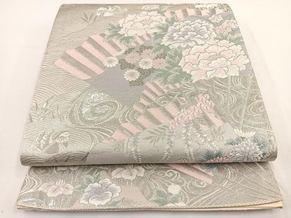 平和屋着物◎六通柄袋帯 唐織 九百錦 檜扇花鳥文 プラチナ二重箔 正絹 逸品 BAAT0486yt