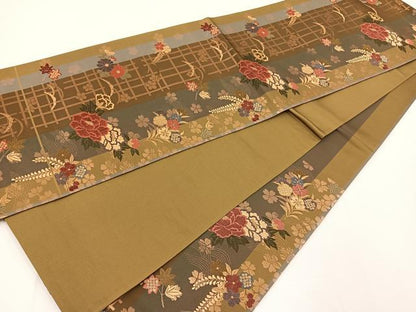 平和屋着物◎六通柄袋帯 唐織 草花文 金糸 正絹 逸品 BAAT0527yt