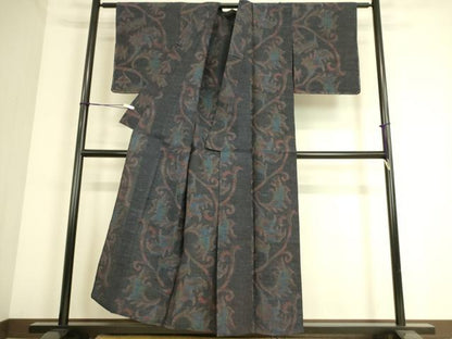 平和屋着物▽上質な紬 　単衣　 更紗花唐草文　正絹　逸品　未使用　DAAS0333az
