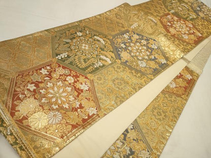 平和屋着物◎六通柄袋帯 寿宝錦 亀甲正倉院花文 金糸 正絹 逸品 AAAV3118sw