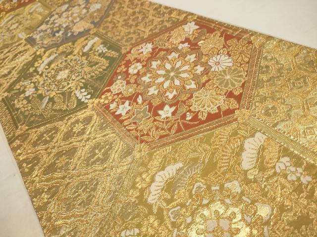 平和屋着物◎六通柄袋帯 寿宝錦 亀甲正倉院花文 金糸 正絹 逸品 AAAV3118sw