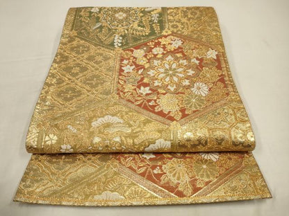 平和屋着物◎六通柄袋帯 寿宝錦 亀甲正倉院花文 金糸 正絹 逸品 AAAV3118sw