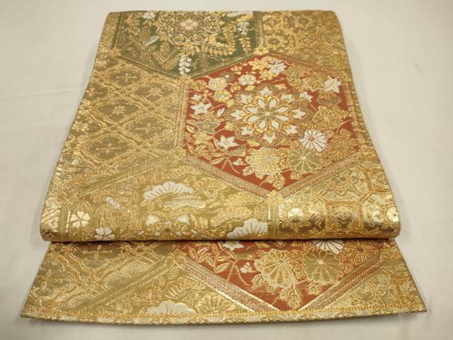 平和屋着物◎六通柄袋帯 寿宝錦 亀甲正倉院花文 金糸 正絹 逸品 AAAV3118sw