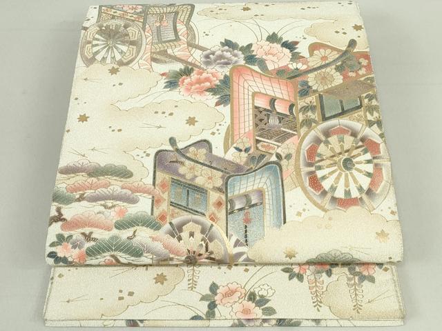 平和屋着物◎綴れ 太鼓柄袋帯 雲取り御所車花文 金彩 正絹 逸品 DAAS7105xg