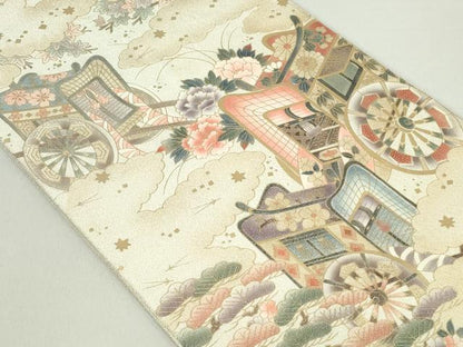 平和屋着物◎綴れ 太鼓柄袋帯 雲取り御所車花文 金彩 正絹 逸品 DAAS7105xg