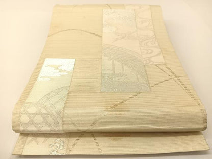 平和屋着物＊夏物 六通柄袋帯 熨斗飛鶴風景文 金銀糸 正絹 逸品 BAAT0754yc
