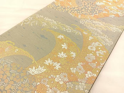 平和屋着物◎六通柄袋帯 立波草花文 金糸 正絹 逸品 BAAT2034ph