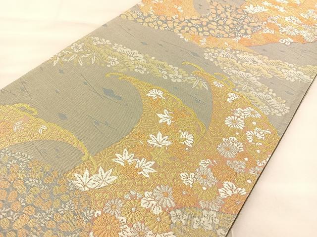平和屋着物◎六通柄袋帯 立波草花文 金糸 正絹 逸品 BAAT2034ph