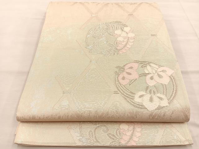 平和屋着物＊夏物　六通柄袋帯　唐織　竹垣花丸文　銀糸　正絹　逸品　BAAT3137hv