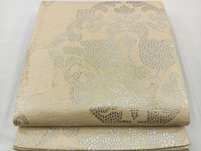平和屋着物◎六通柄袋帯　向かい鳥花文　銀糸　正絹　逸品　BAAT2623ea