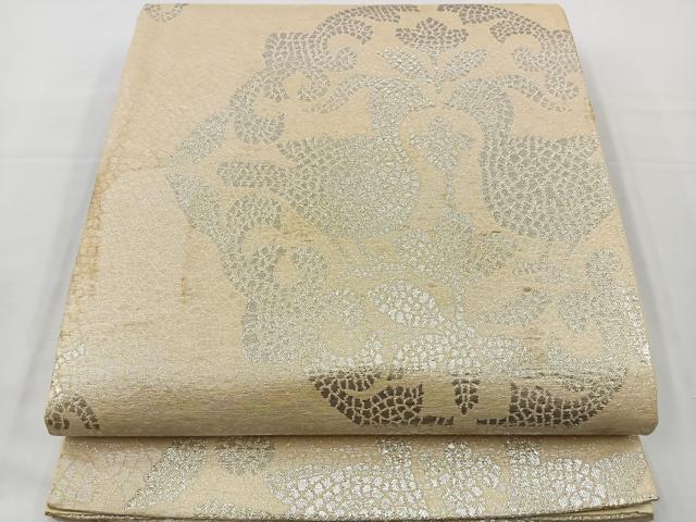 平和屋着物◎六通柄袋帯　向かい鳥花文　銀糸　正絹　逸品　BAAT2623ea