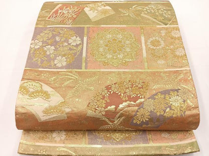 平和屋着物◎六通柄袋帯　地紙花鳥文　金糸　正絹　逸品　BAAT2631ea