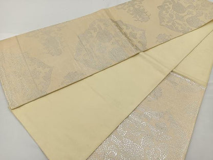 平和屋着物◎六通柄袋帯　向かい鳥花文　銀糸　正絹　逸品　BAAT2623ea