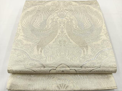平和屋着物◎六通柄袋帯　向かい鳳凰花文　銀糸　正絹　逸品　BAAT2672ea