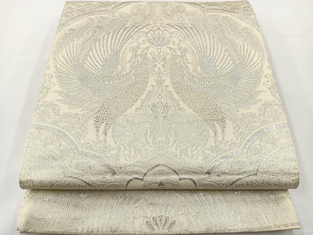 平和屋着物◎六通柄袋帯　向かい鳳凰花文　銀糸　正絹　逸品　BAAT2672ea