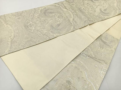平和屋着物◎六通柄袋帯　向かい鳳凰花文　銀糸　正絹　逸品　BAAT2672ea