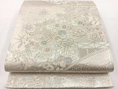 平和屋着物◎六通柄袋帯 唐織 青海花絵巻文 銀糸 正絹 逸品 BAAT2701ea