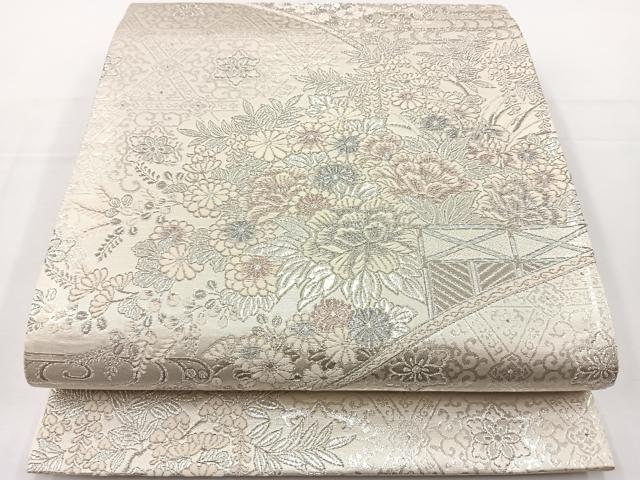 平和屋着物◎六通柄袋帯 唐織 青海花絵巻文 銀糸 正絹 逸品 BAAT2701ea