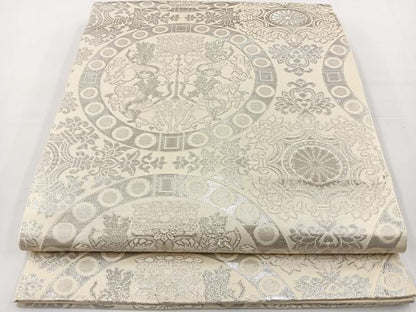 平和屋着物◎六通柄袋帯 狩猟丸文 銀糸 正絹 逸品 BAAT2715ea