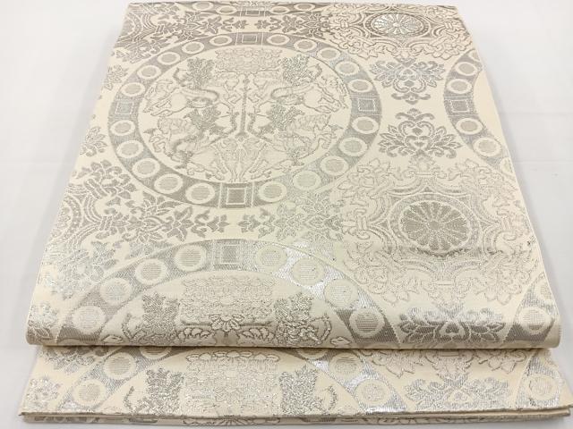 平和屋着物◎六通柄袋帯 狩猟丸文 銀糸 正絹 逸品 BAAT2715ea