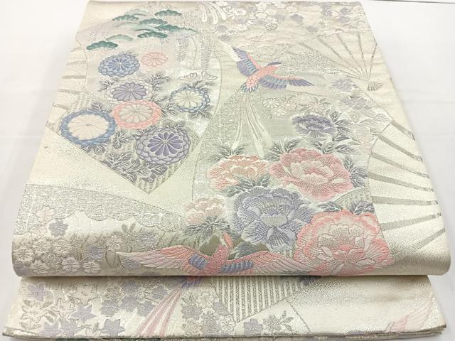 平和屋着物◎六通柄袋帯 唐織 扇面花鳥文 銀糸 正絹 逸品 BAAT2713ea