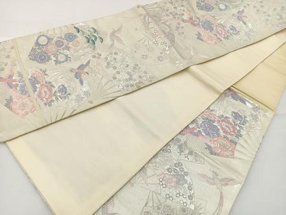 平和屋着物◎六通柄袋帯 唐織 扇面花鳥文 銀糸 正絹 逸品 BAAT2713ea
