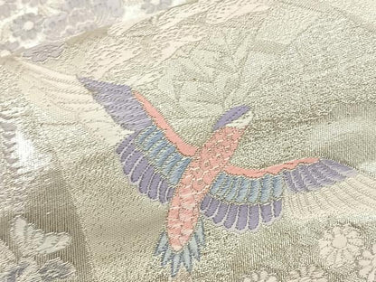 平和屋着物◎六通柄袋帯 唐織 扇面花鳥文 銀糸 正絹 逸品 BAAT2713ea