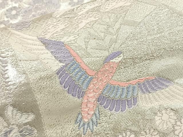 平和屋着物◎六通柄袋帯 唐織 扇面花鳥文 銀糸 正絹 逸品 BAAT2713ea