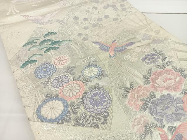 平和屋着物◎六通柄袋帯 唐織 扇面花鳥文 銀糸 正絹 逸品 BAAT2713ea