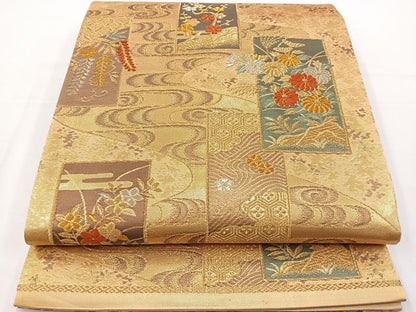 平和屋着物◎六通柄袋帯 唐織 流水短冊花文 金銀糸 正絹 逸品 BAAT2709ea