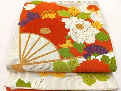 平和屋着物◎六通柄袋帯　唐織　扇面花文　金糸　正絹　逸品　BAAT2730ea