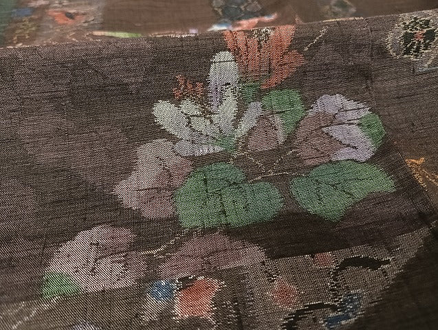 平和屋着物●本場小千谷紬　更紗横段花文　正絹　逸品　AAAU4216np