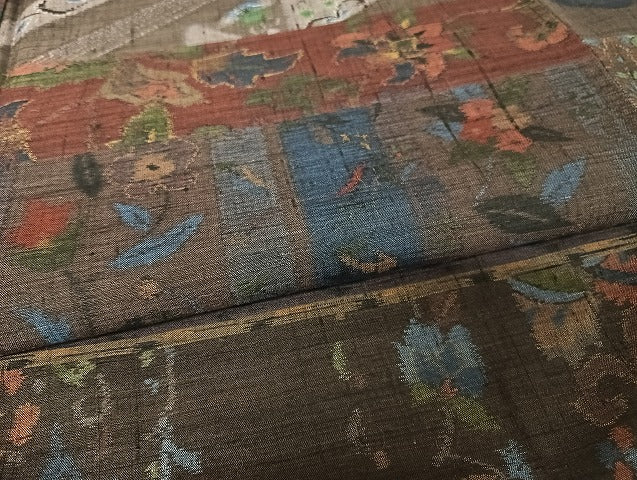 平和屋着物●本場小千谷紬　更紗横段花文　正絹　逸品　AAAU4216np