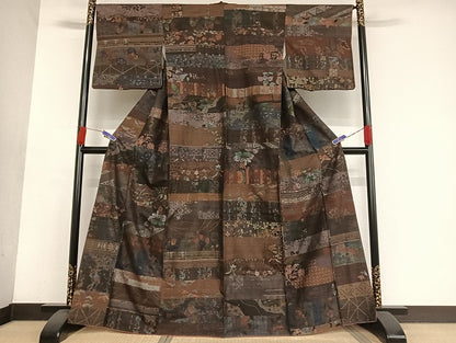 平和屋着物●本場小千谷紬　更紗横段花文　正絹　逸品　AAAU4216np