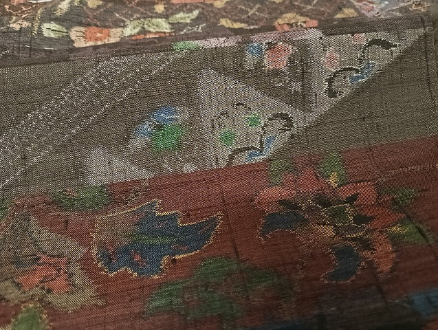 平和屋着物●本場小千谷紬　更紗横段花文　正絹　逸品　AAAU4216np