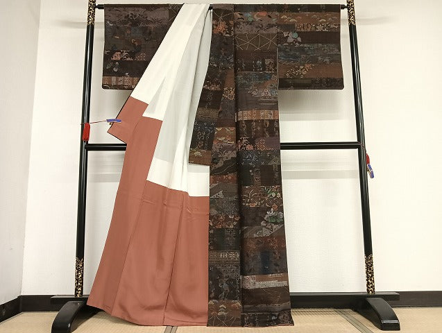 平和屋着物●本場小千谷紬　更紗横段花文　正絹　逸品　AAAU4216np