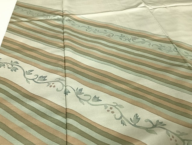 平和屋着物●訪問着 紬地 枝花文 縞 正絹 逸品 AAAU4218np
