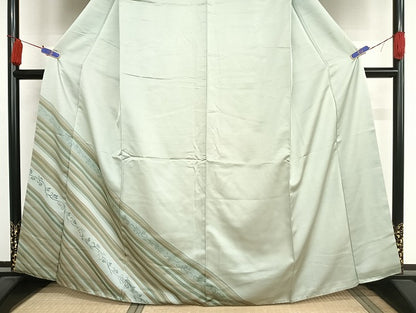 平和屋着物●訪問着 紬地 枝花文 縞 正絹 逸品 AAAU4218np