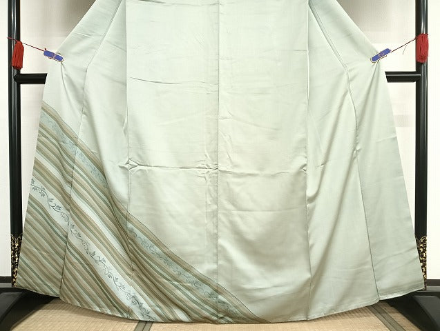 平和屋着物●訪問着 紬地 枝花文 縞 正絹 逸品 AAAU4218np