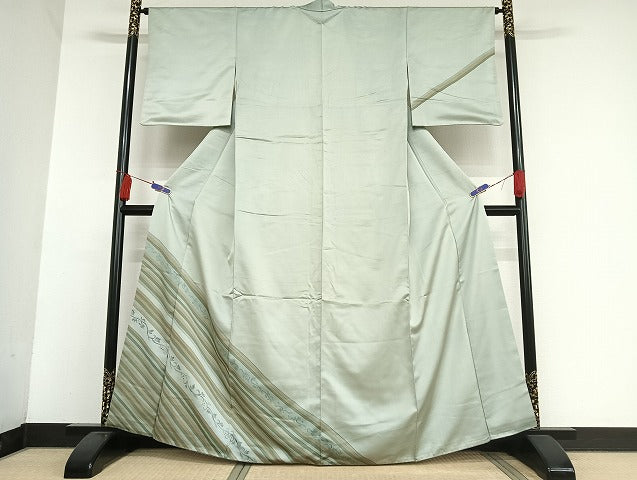 平和屋着物●訪問着 紬地 枝花文 縞 正絹 逸品 AAAU4218np